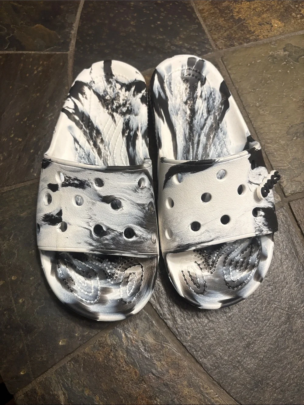 CROCS Kids Black & White Marble Slide Sandals